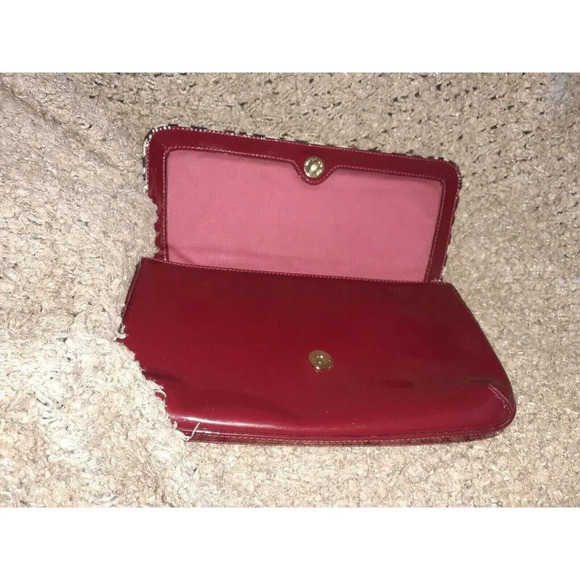 CHARLES DAVID-Burgundy Patent Leather/Zebra Print Pony Fur Clutch-Near Mint - Picture 6 of 7